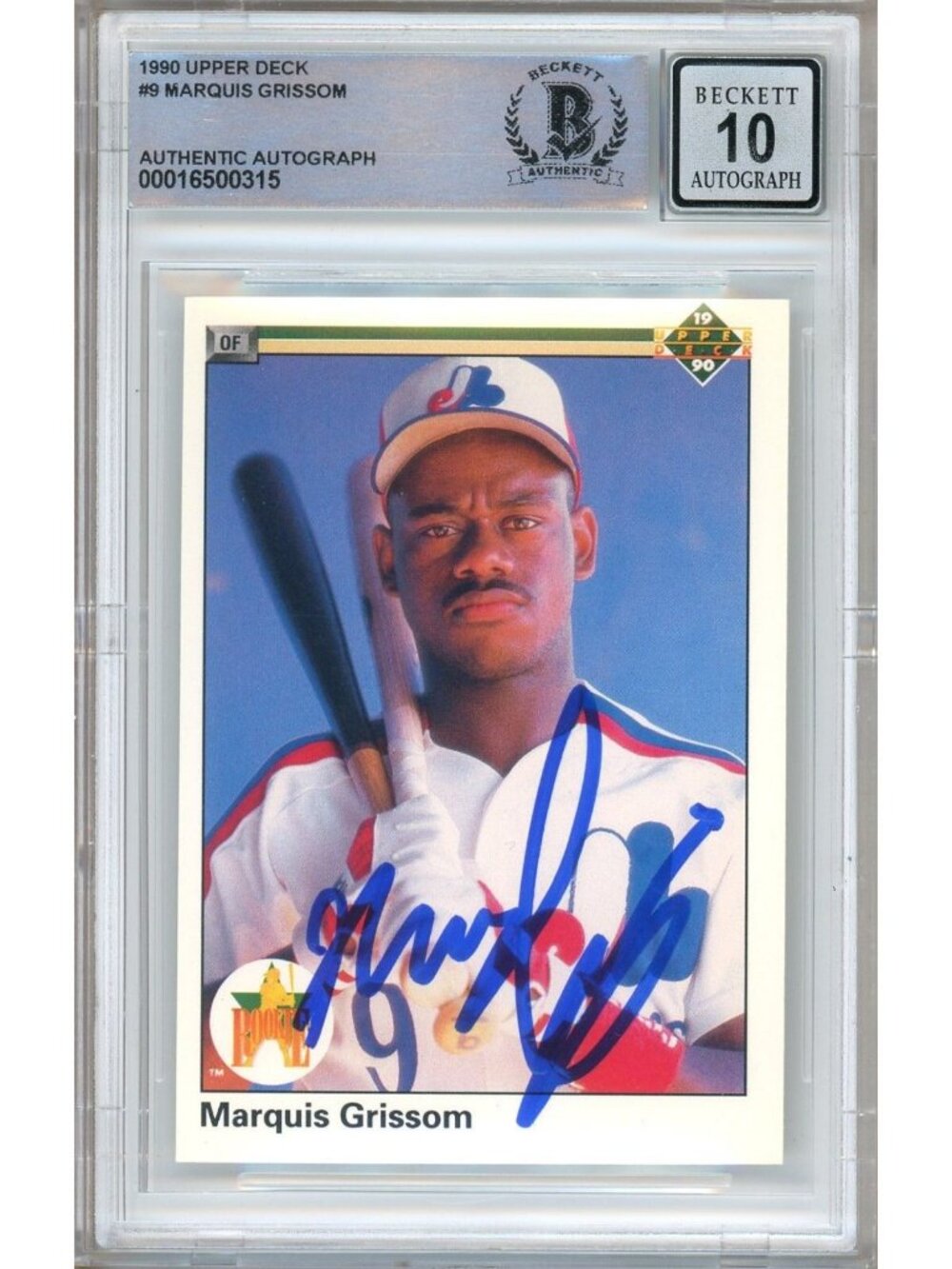 Marquis Grissom Signed 1990 Upper Deck #9 RC Montreal Expos BAS Slab BGS Auto 10